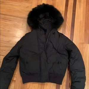 Theory cropped puffer jacket w fur hood- size M